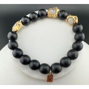 Designer Tat2 Tat 2 Designs Black Bead Rhinestone Coin Stretch Bracelet 6.5"